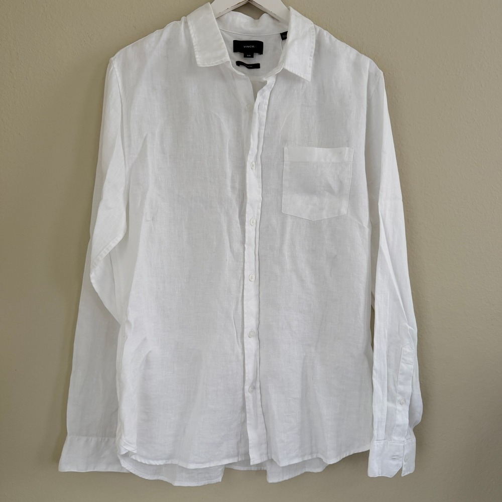 Vince Linen Long Sleeve Button Down Shirt Classic Fit Mens Medium White NWT